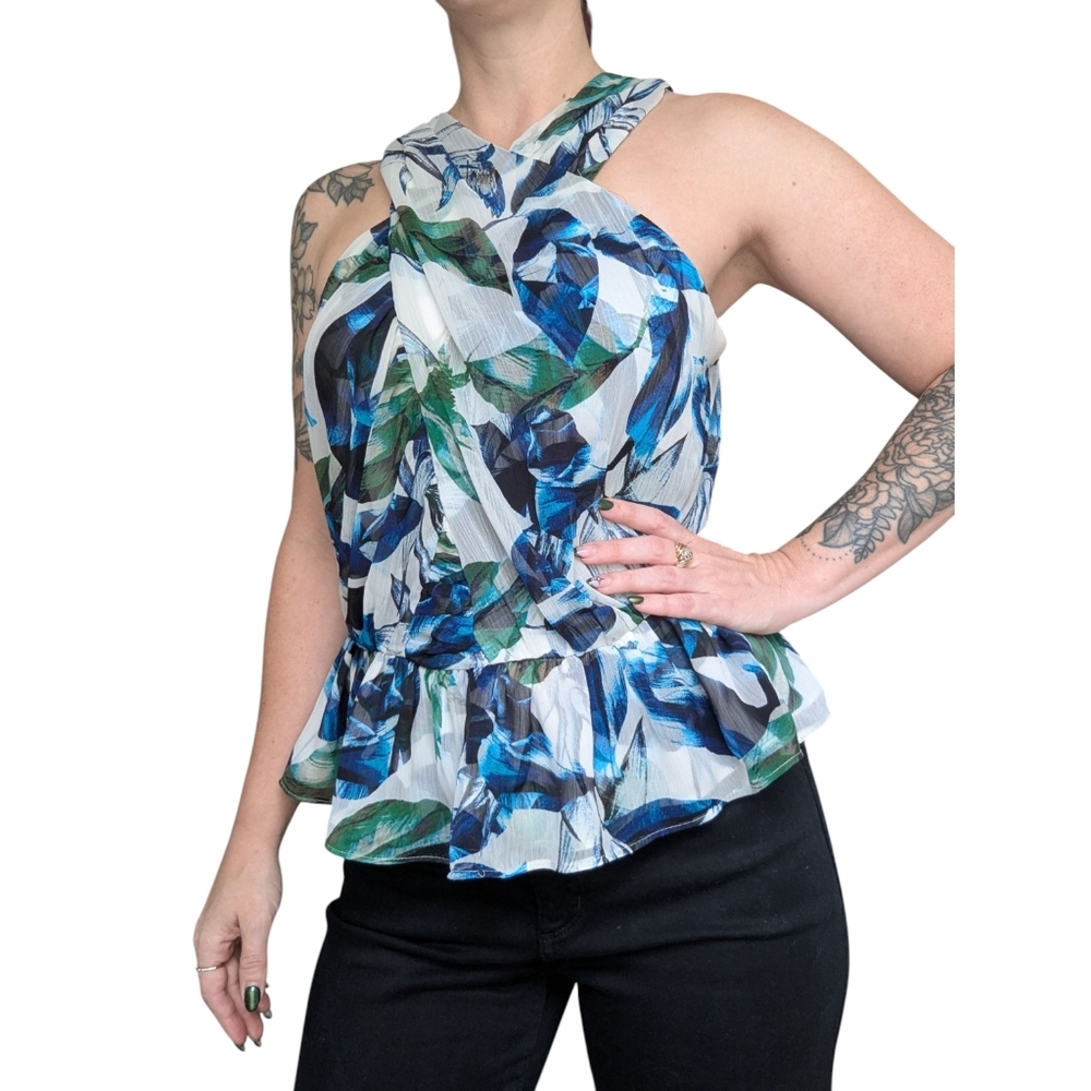WHBM Halter Peplum Blouse – Blue Green Abstract Print – Size 4